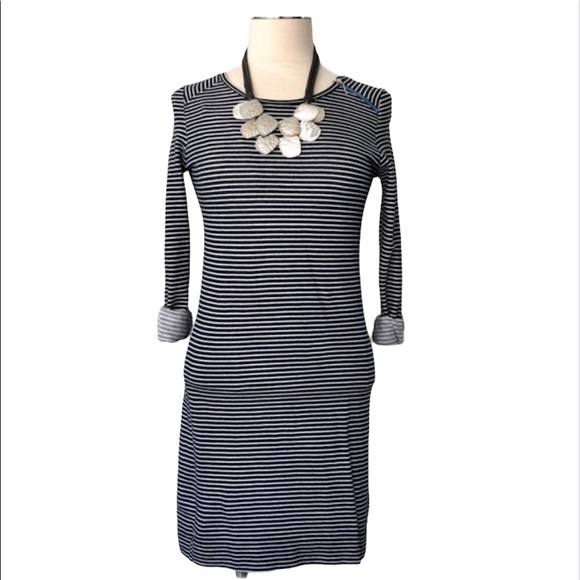 LOU & GREY Striped Dress Exposed Shoulder Zip Long Sleeve Navy Blue White Sz XS - Picture 1 of 7